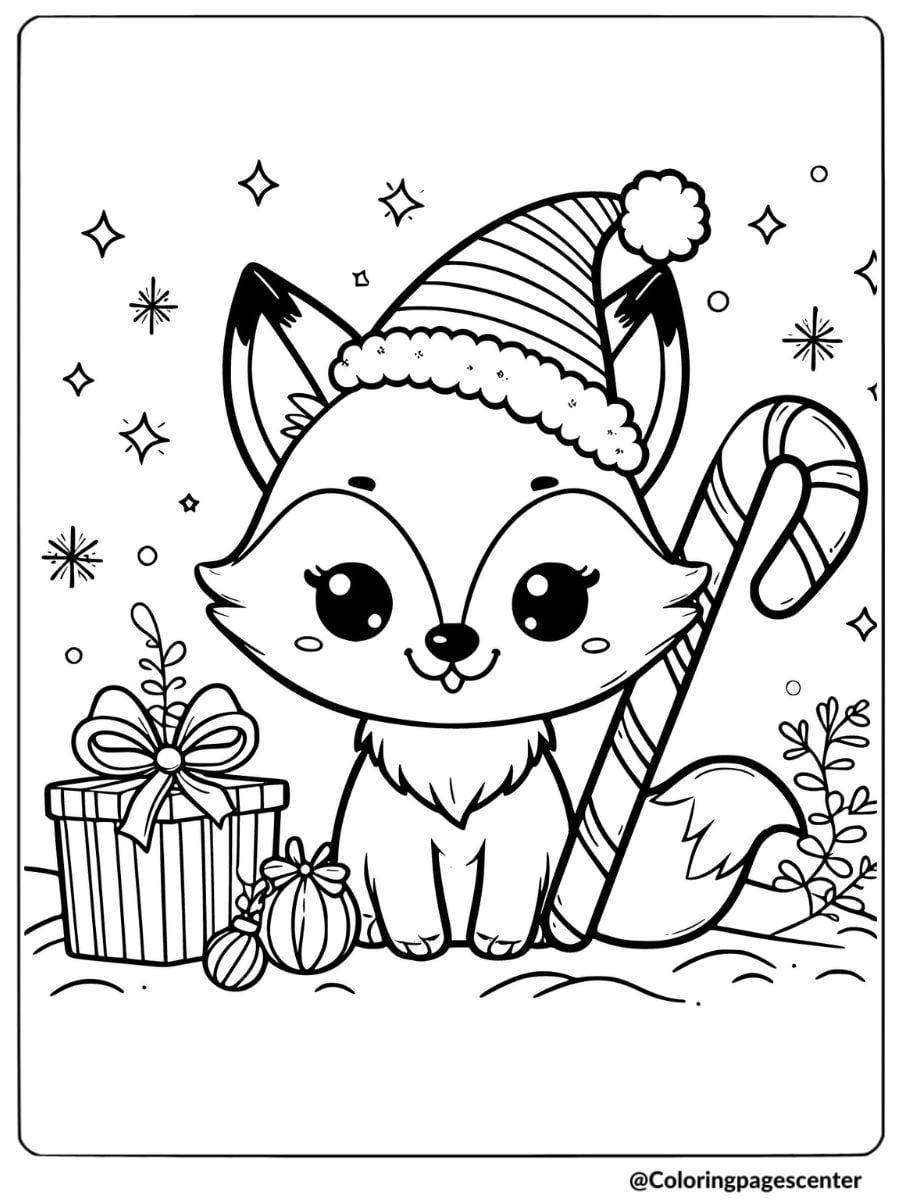 Christmas fox holding candy cane coloring page