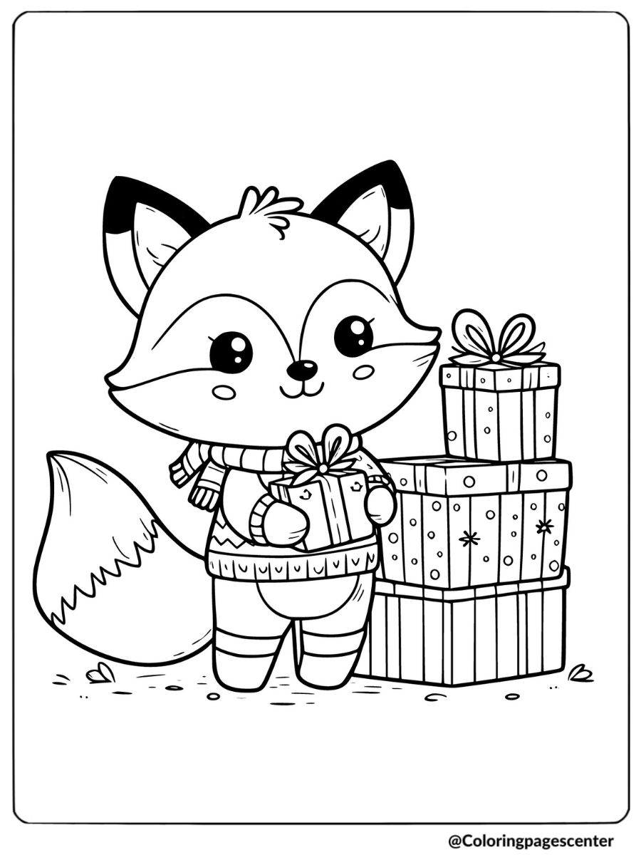 Christmas fox holding gifts coloring page