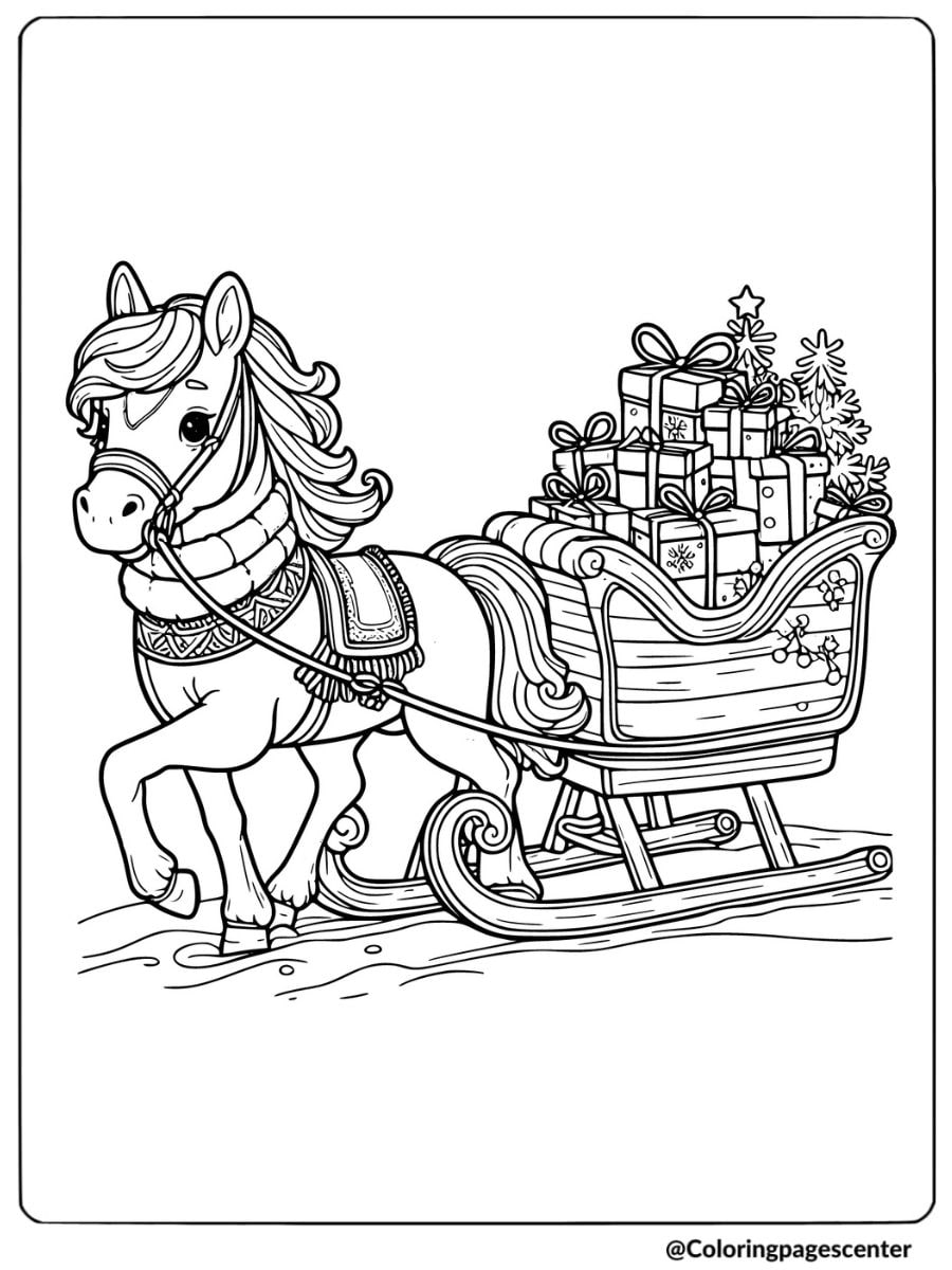 Sleigh-pulling Christmas horse coloring page