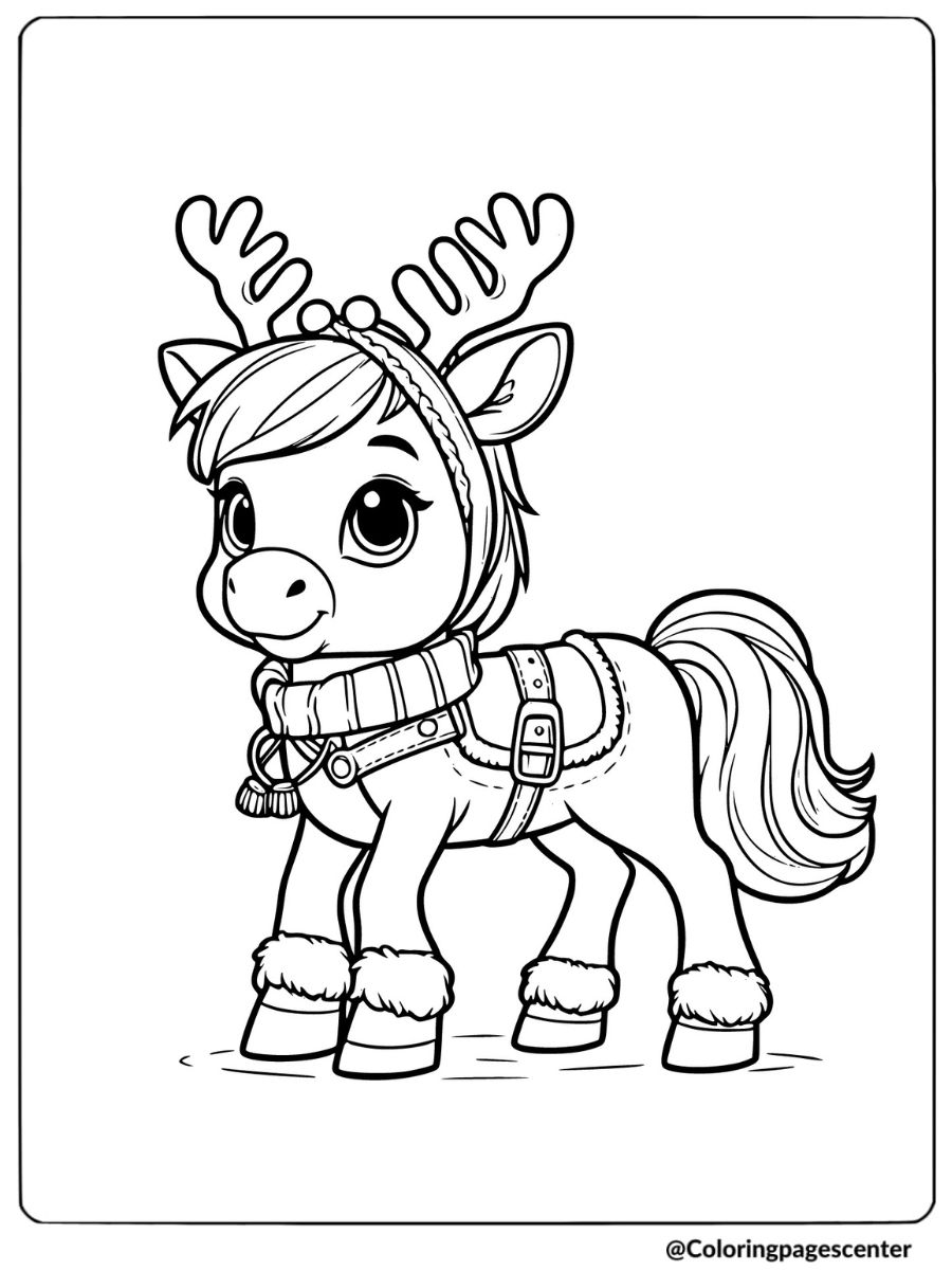 Christmas horse with reindeer antlers coloring page