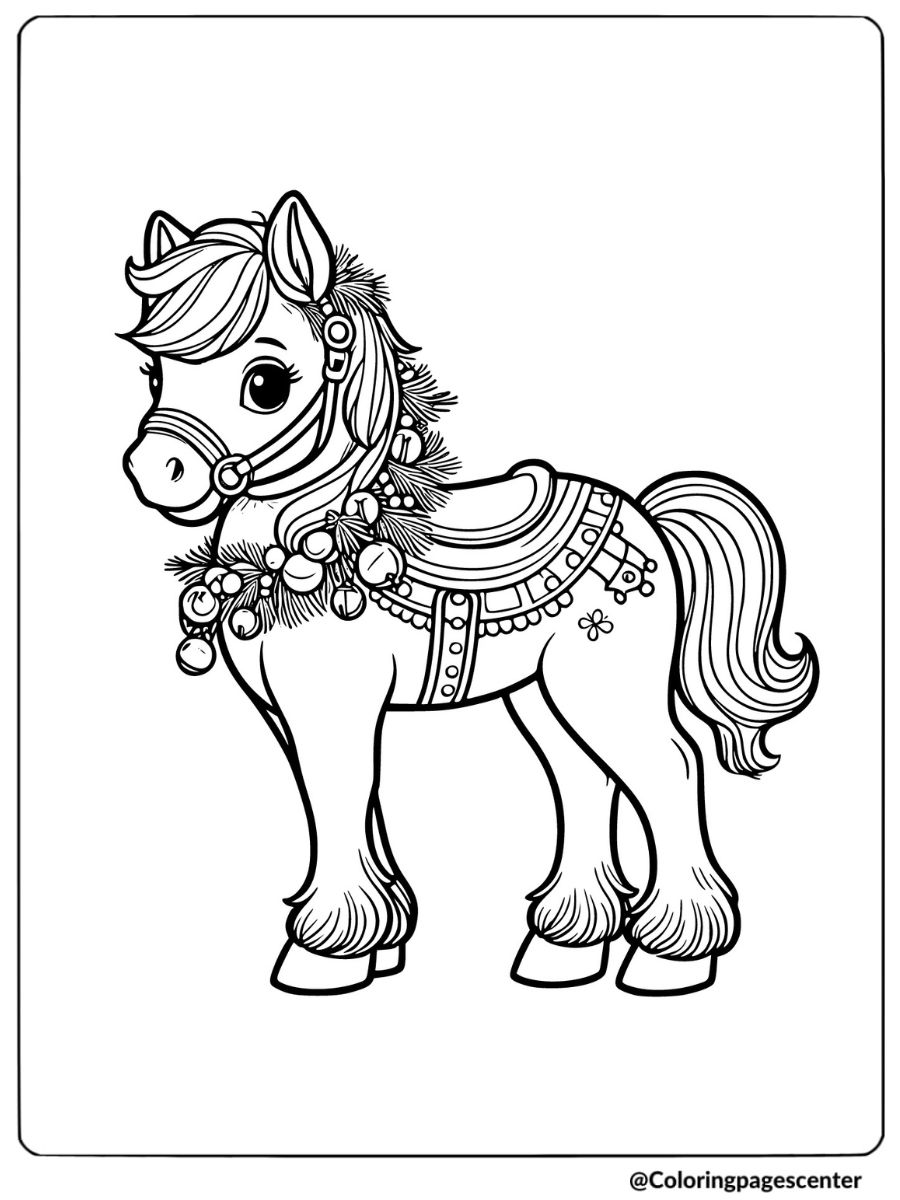 Wreath-decorated Christmas horse coloring page