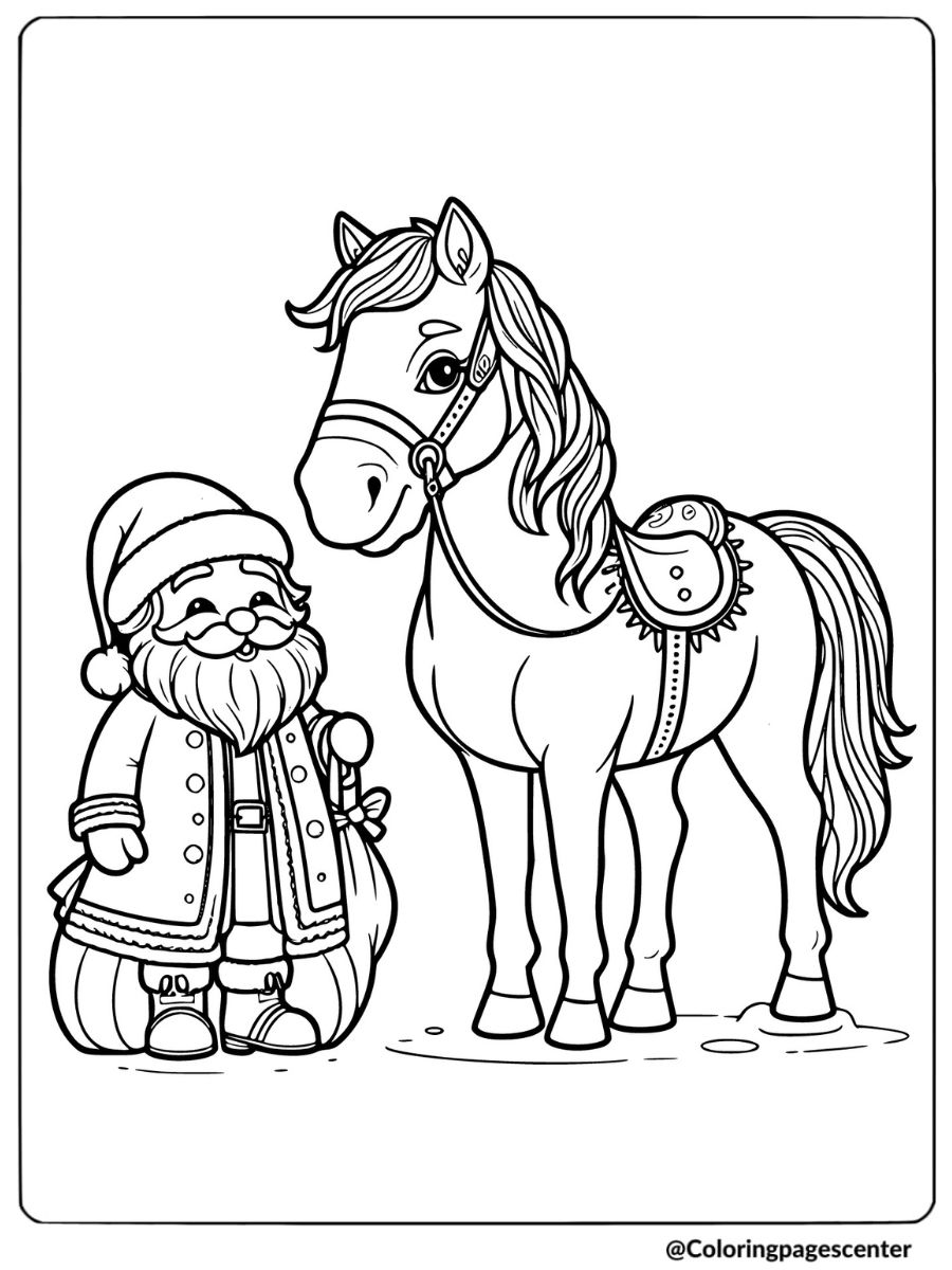 Christmas Horse and Santa coloring page