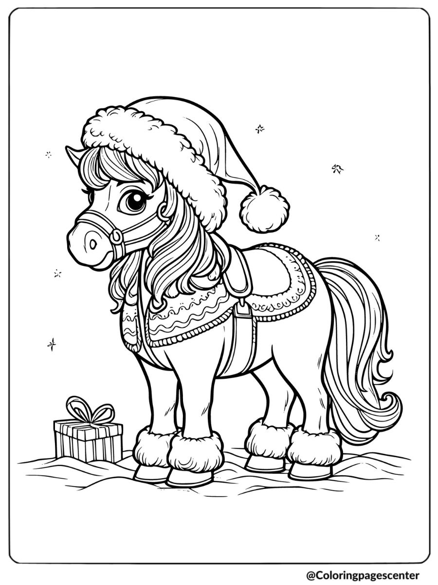 Christmas horse wearing santa hat coloring page