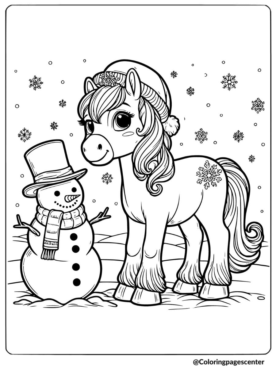 Horse with Christmas snowman coloring page