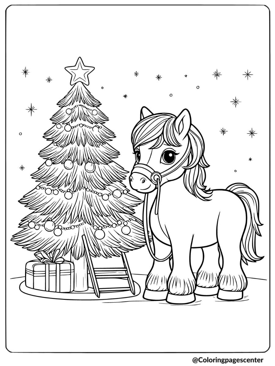 Horse with Christmas tree coloring page