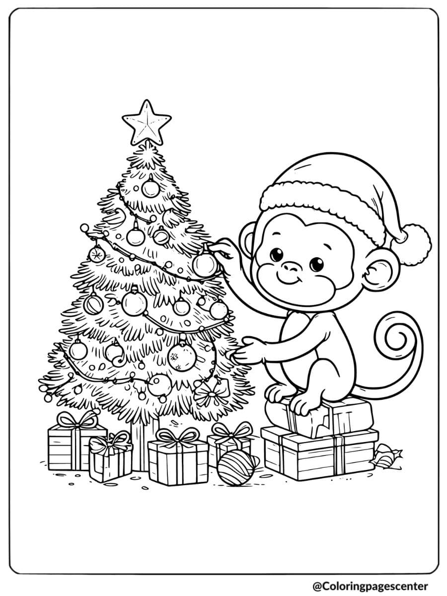 Monkey decorating Christmas tree coloring page