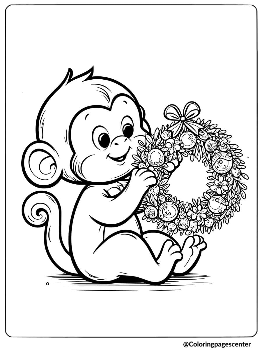 Monkey holding a Christmas wreath coloring page