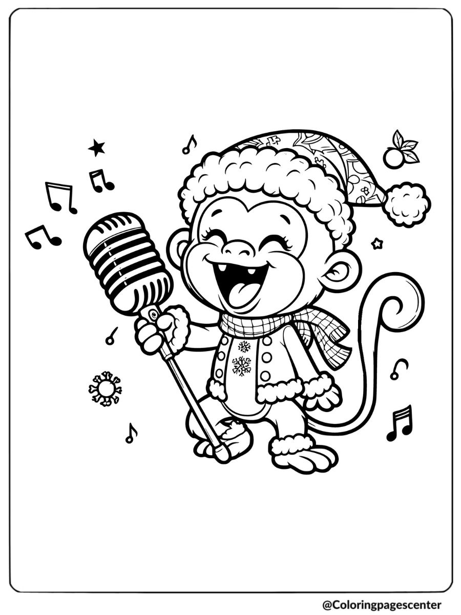 Festive monkey singing Christmas songs coloring page