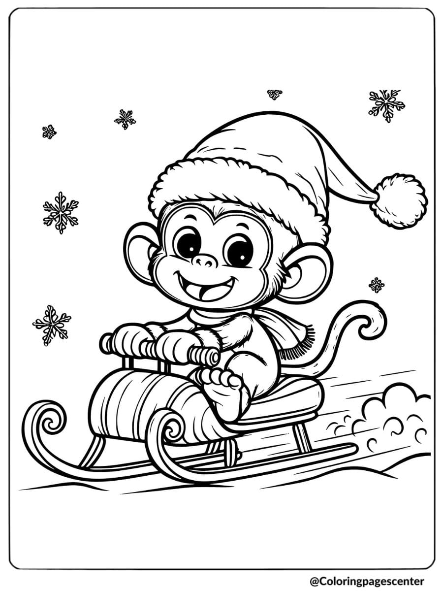 Monkey riding a Christmas sled coloring page