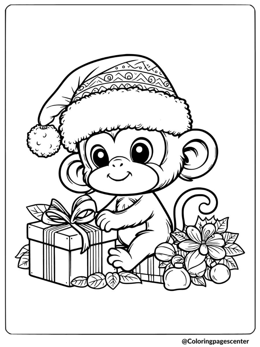 Monkey in Santa hat holding a Christmas present coloring page