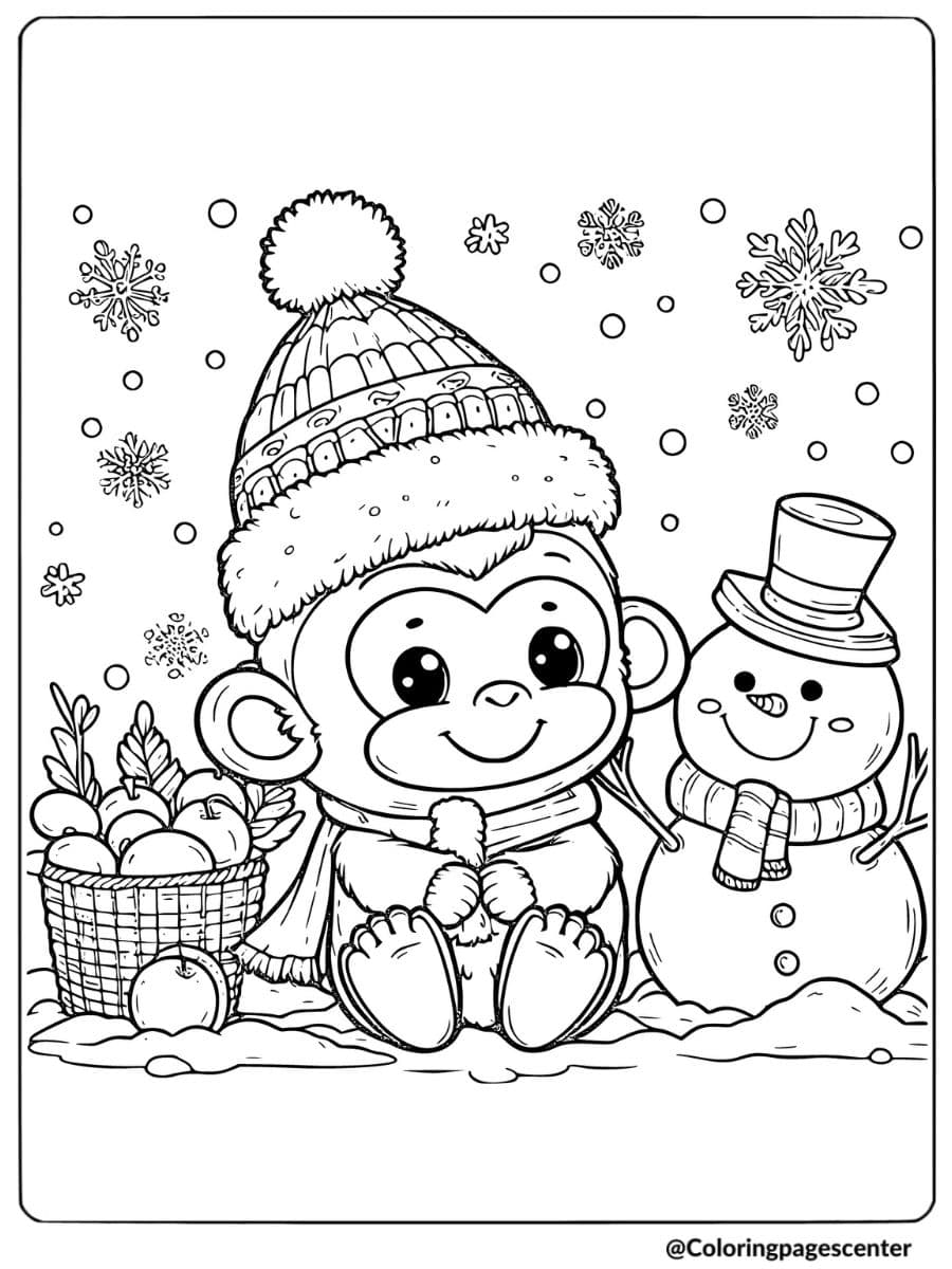 Christmas Monkey and snowman in winter scene coloring page