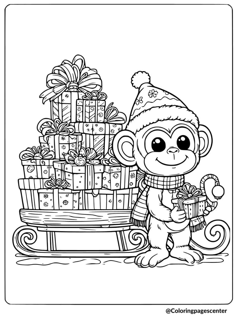 Christmas monkey with gift sleigh coloring page