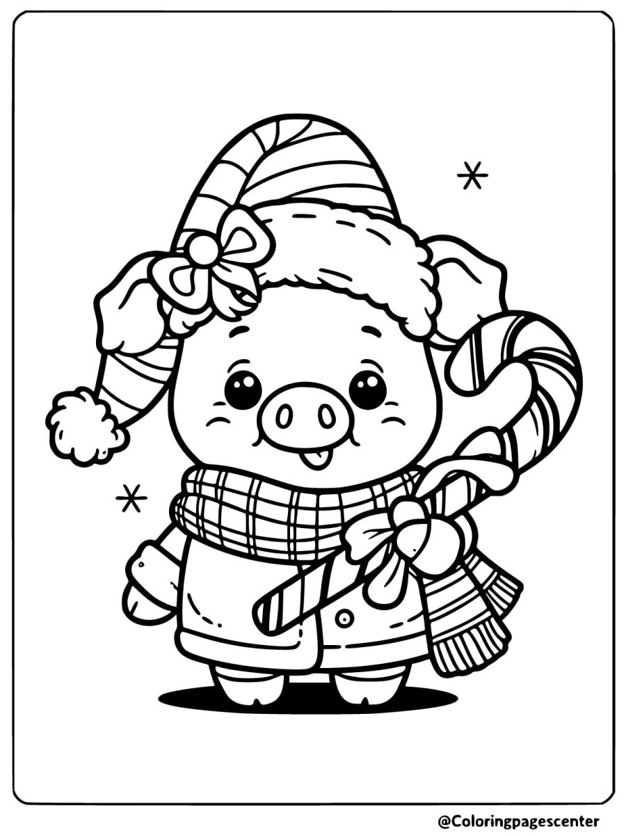 Christmas pig holding a candy cane coloring page