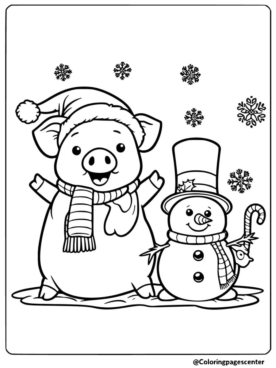 Christmas pig and snowman with snowflakes coloring page