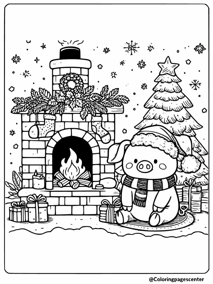 Pig by the fireplace with Christmas presents coloring page