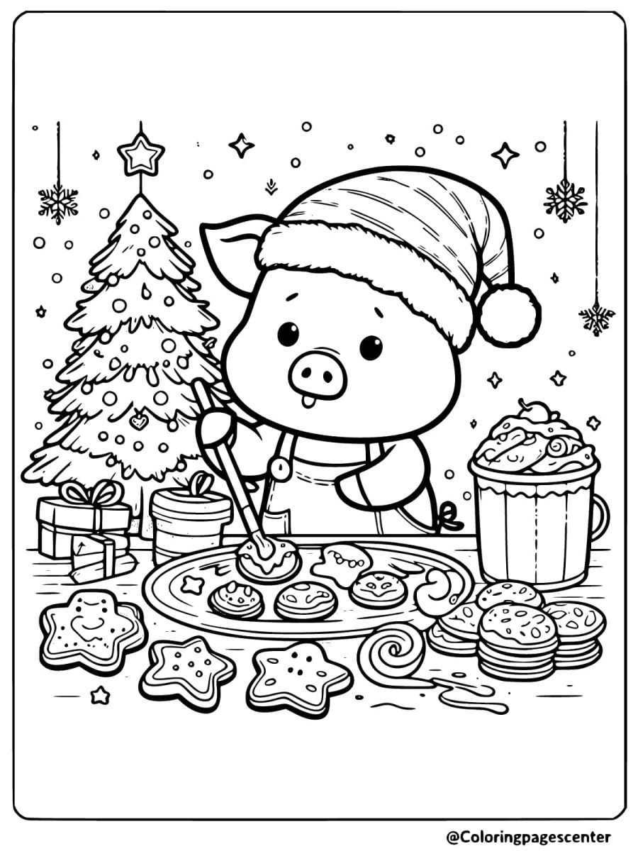 Pig decorating cookies next to a Christmas tree coloring page