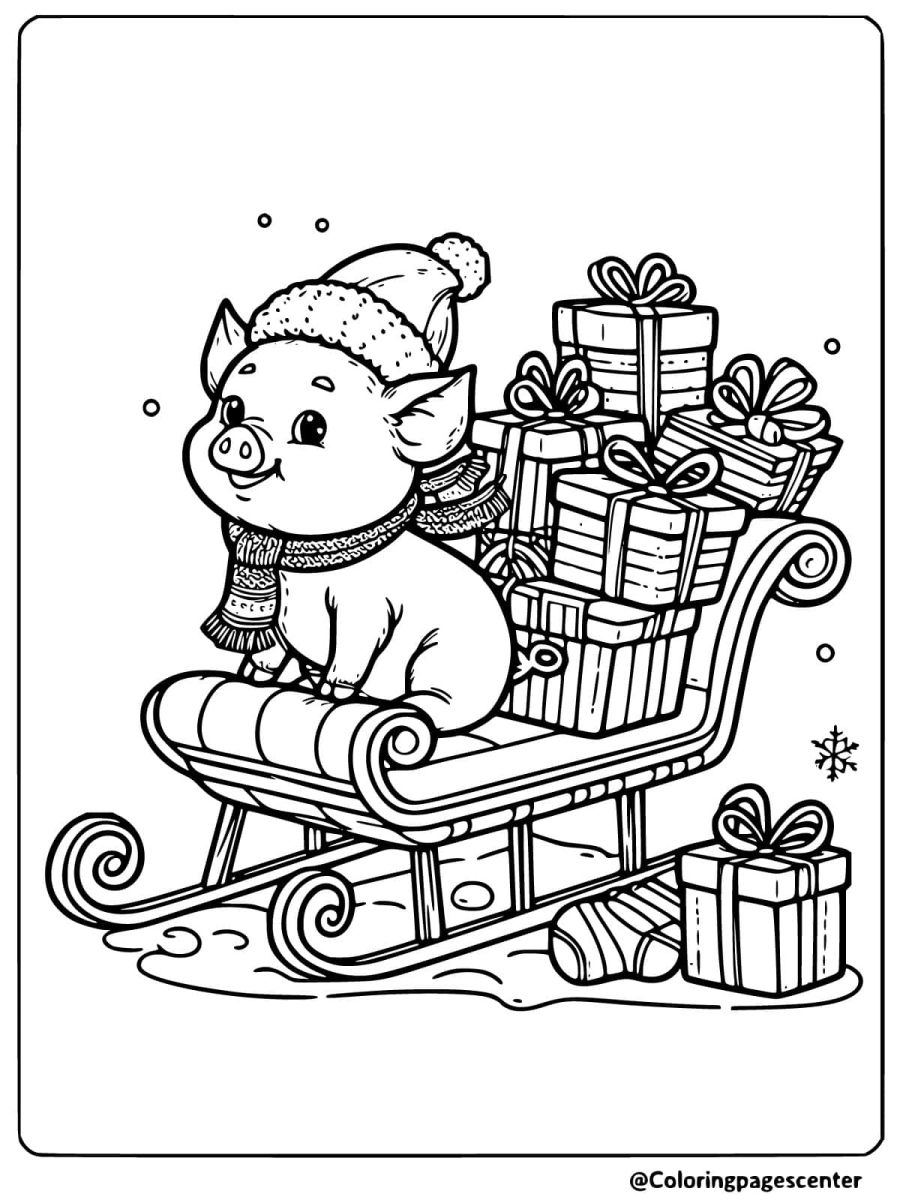 Pig sitting on a sleigh with Christmas presents coloring page