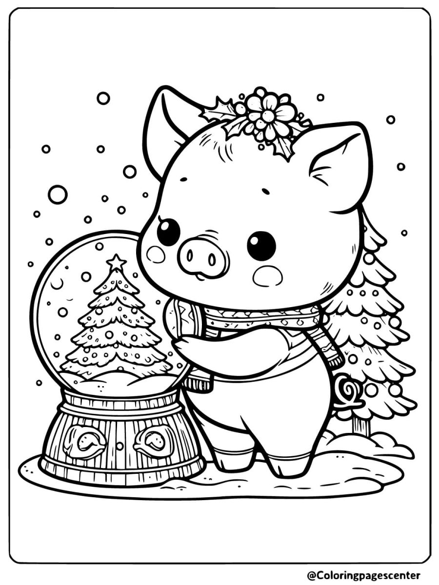 Pig admiring snow globe with Christmas tree coloring page