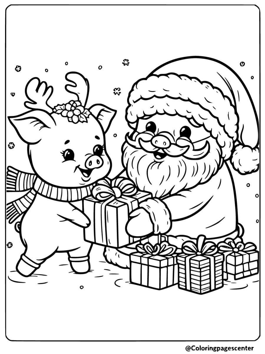 Christmas pig with Santa exchanging presents coloring page