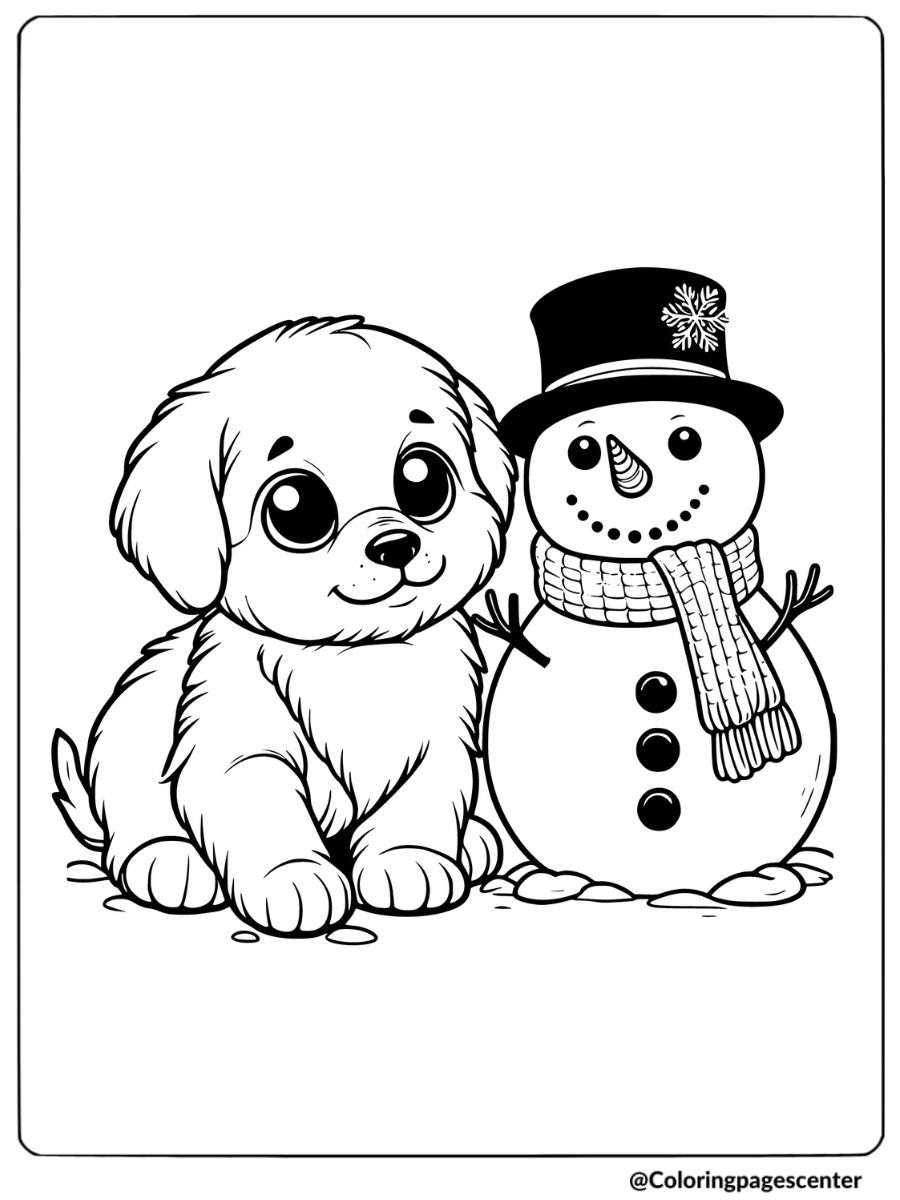 Christmas puppy sitting with snowman coloring page