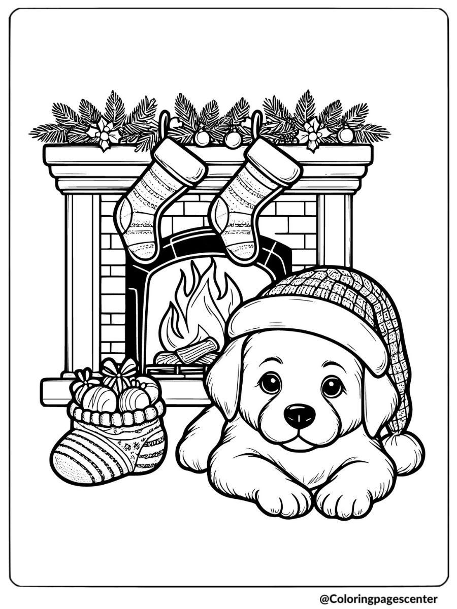 Christmas puppy in front of fireplace coloring page