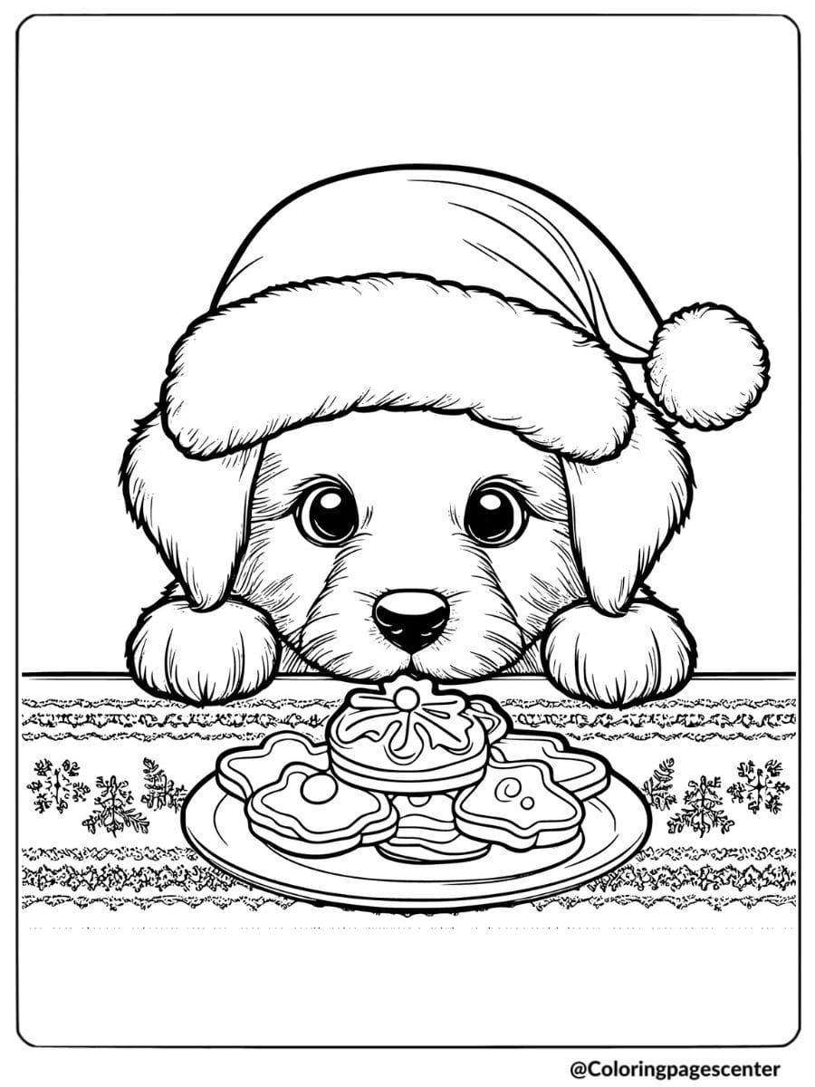 Christmas puppy looking at cookies coloring page