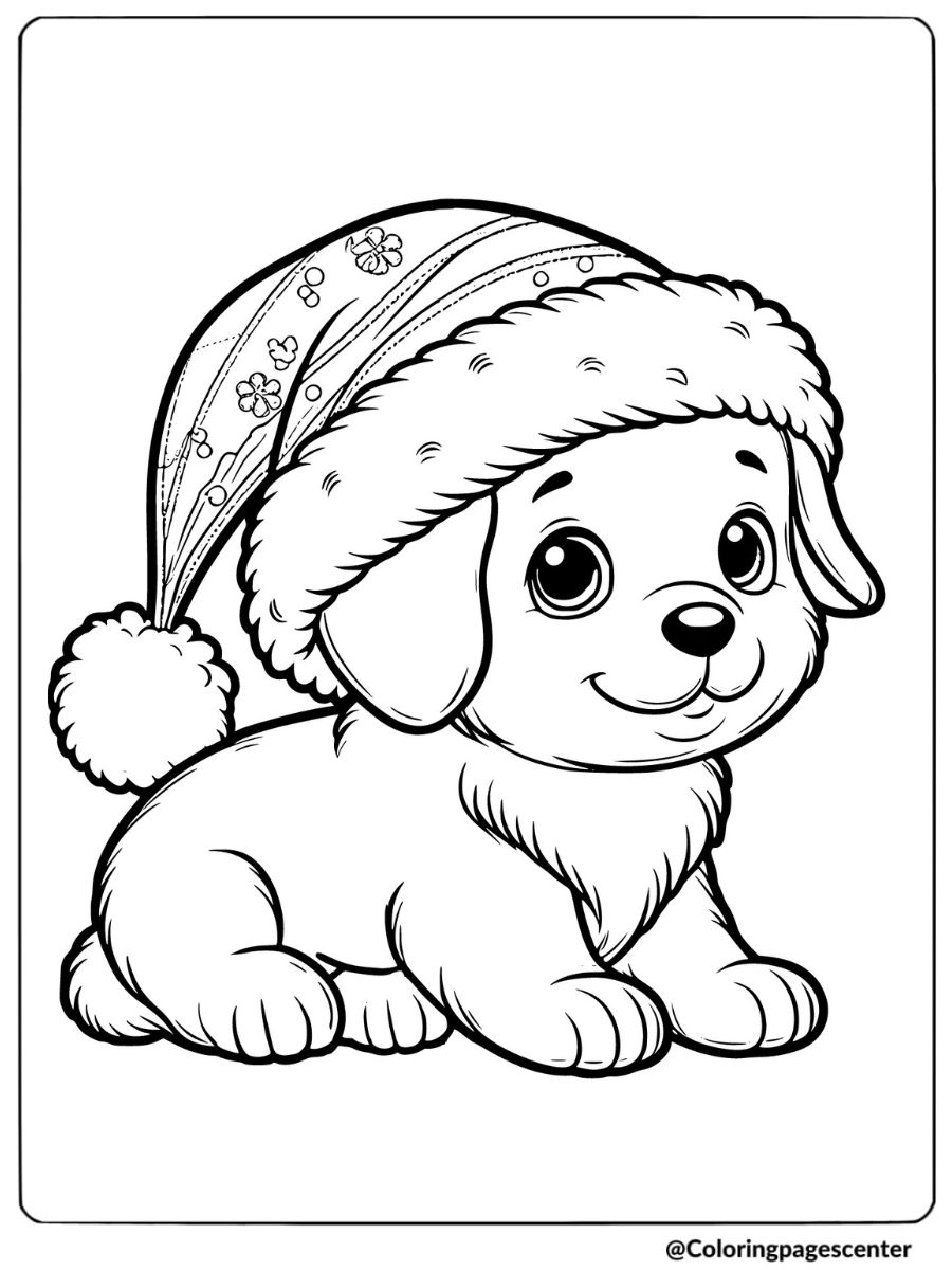 Christmas puppy wearing Santa hat coloring page