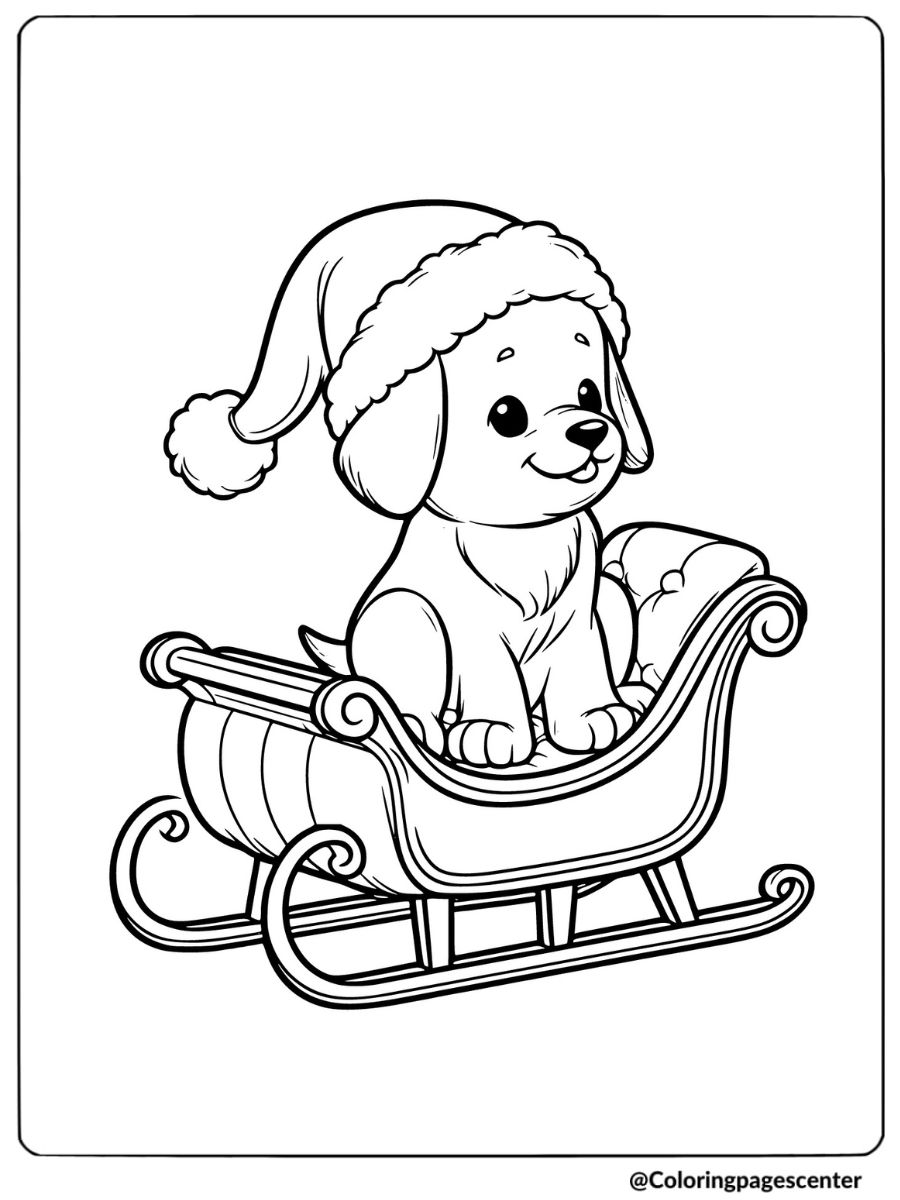 Christmas puppy riding a sleigh coloring page