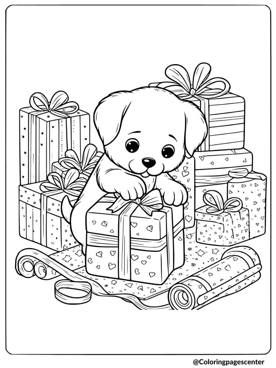 Cute Christmas puppy playing with presents coloring page