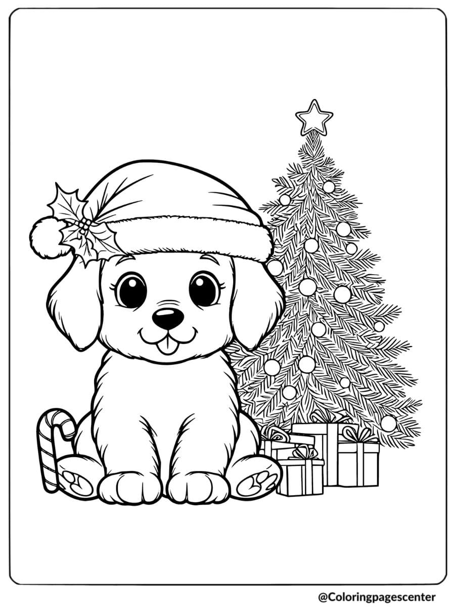 Christmas puppy with tree and presents coloring page