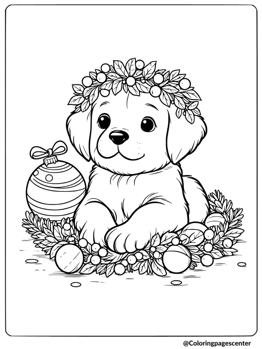 Christmas puppy surrounded by wreath coloring page