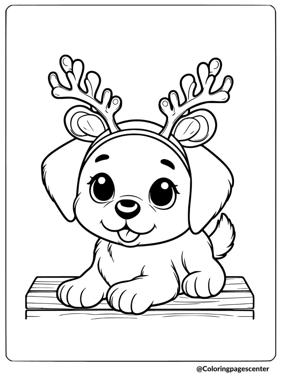 Christmas puppy with reindeer antlers coloring page