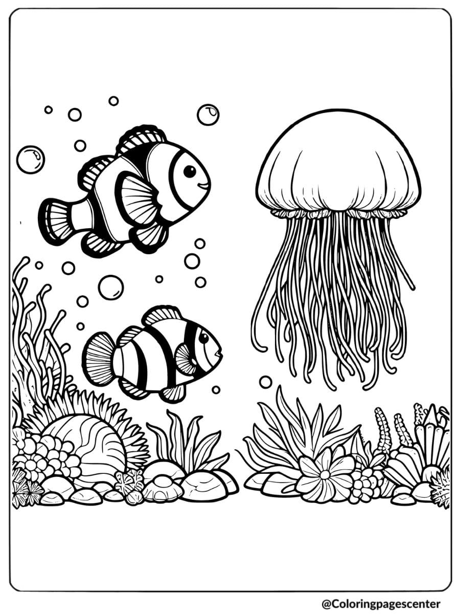 Clownfish near jellyfish underwater coloring page