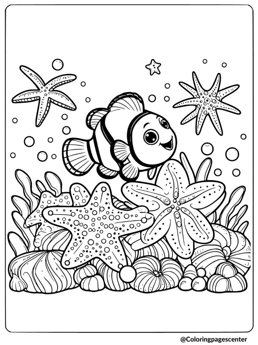 Clownfish swimming among starfish coloring page