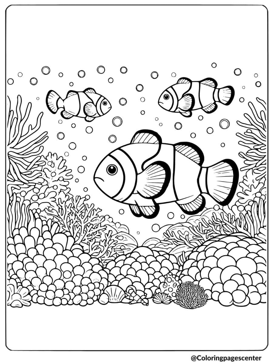 Clownfish family exploring coral reef coloring page