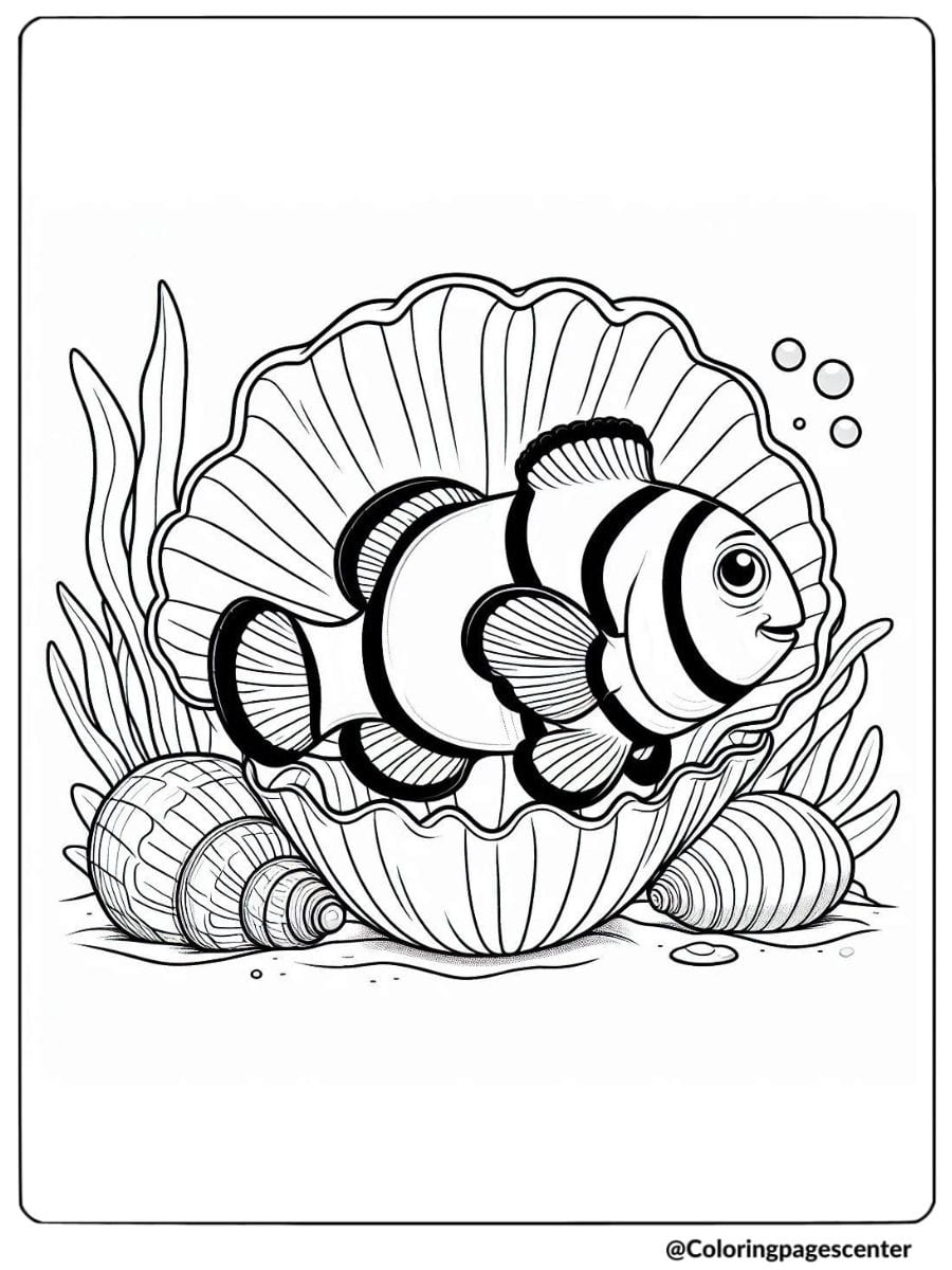 Clownfish resting in a seashell coloring page