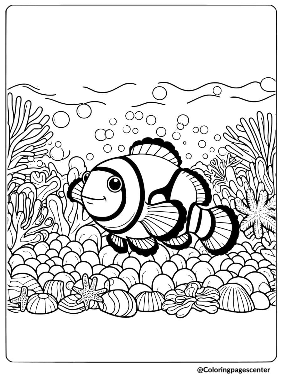 Clownfish in ocean with bubbles coloring page