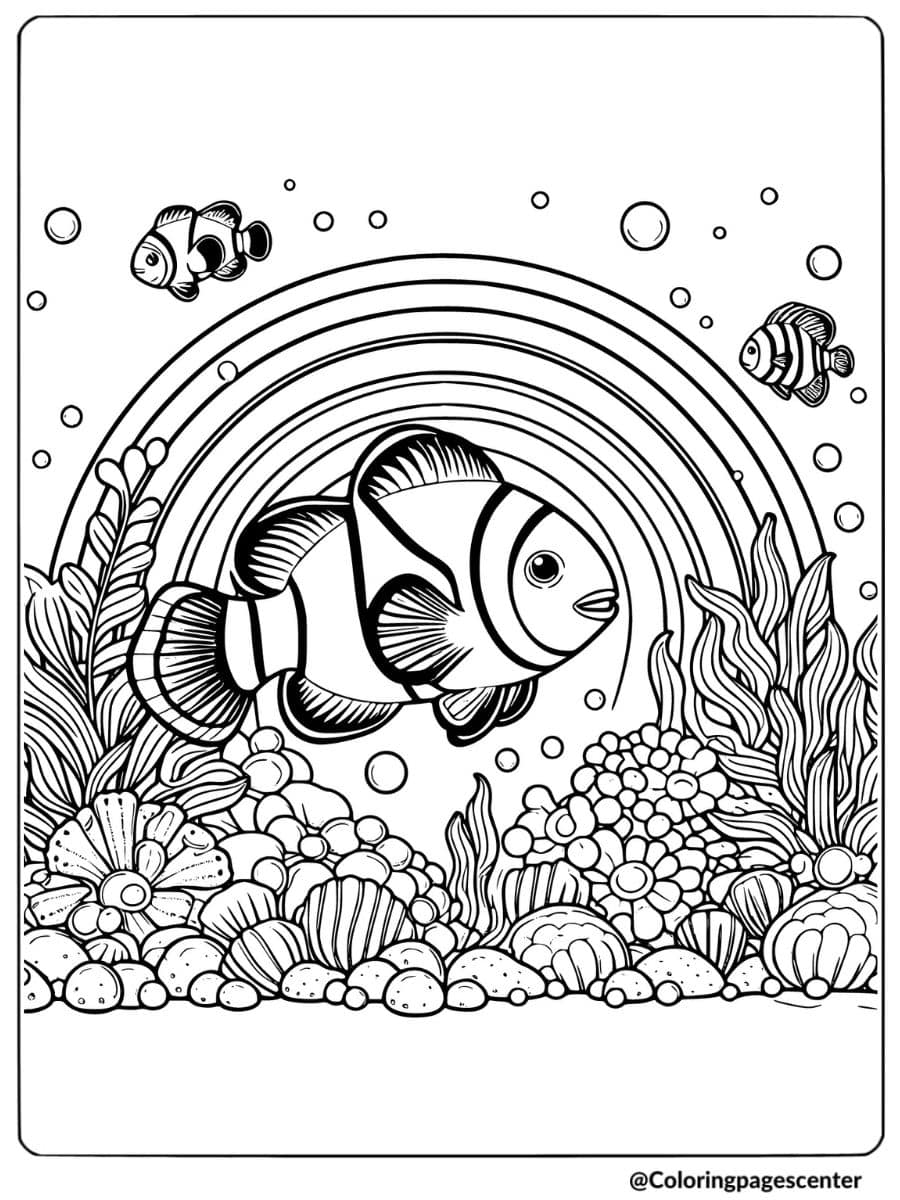 Clownfish with rainbow background coloring page