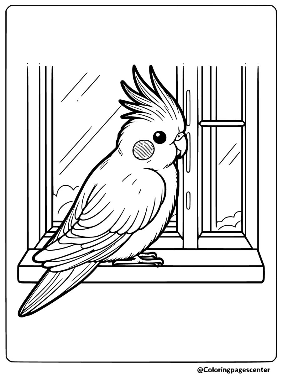 Cockatiel sitting on a windowsill coloring page