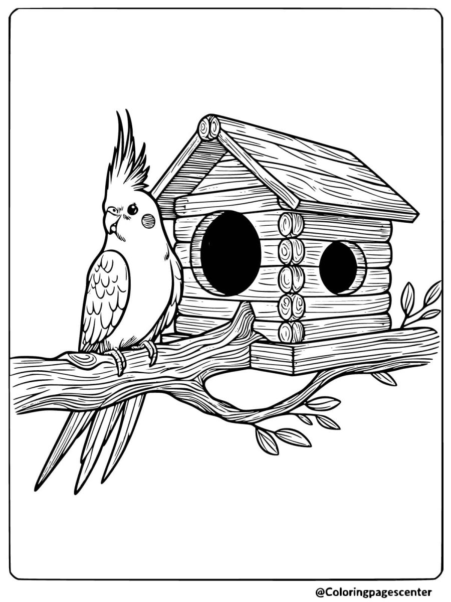 Cockatiel beside a wooden birdhouse coloring page