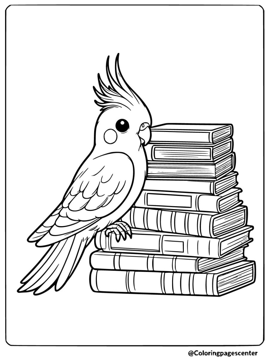 Cockatiel perched on books coloring page