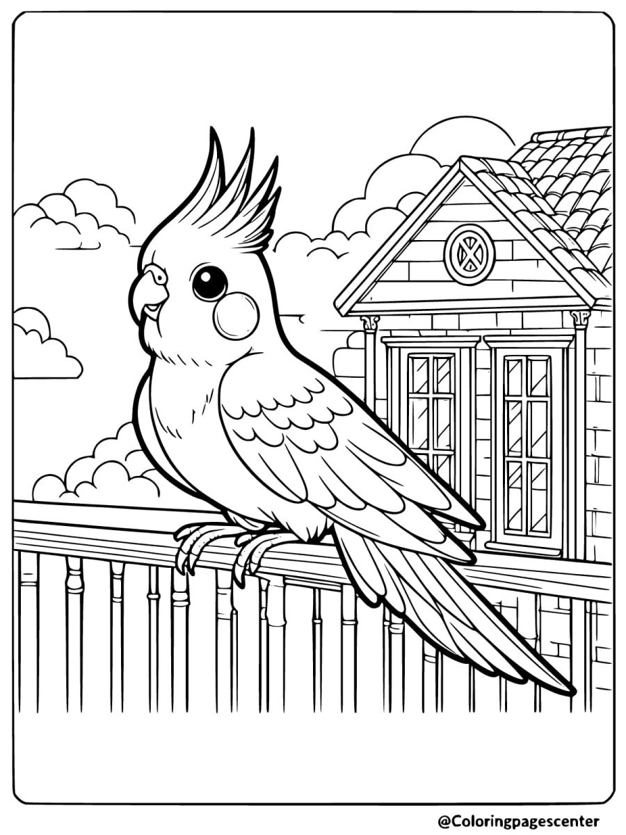 Cockatiel on a balcony of a house coloring page