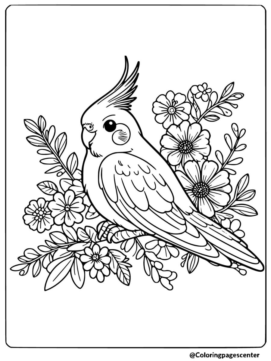 Cockatiel bird surrounded by flowers coloring page