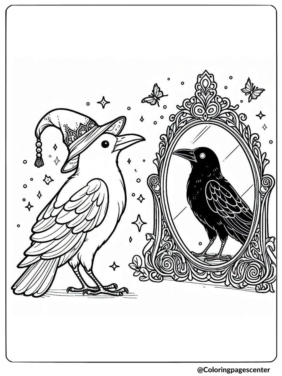 A crow wearing a wizard hat coloring page