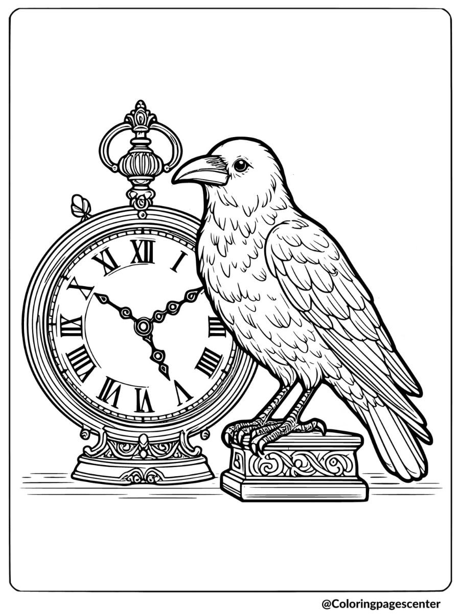 A crow sitting on a clock pedestal coloring page