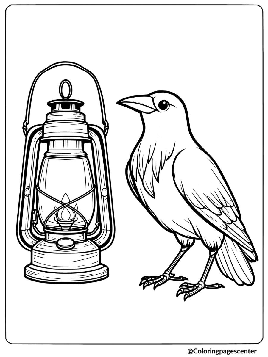 A crow next to a vintage lantern coloring page