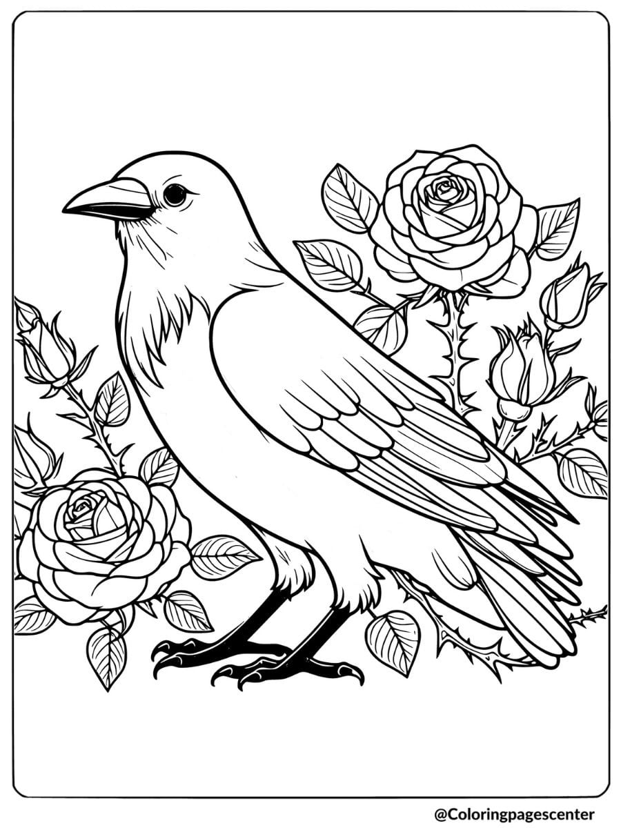 A crow standing near blooming roses coloring page