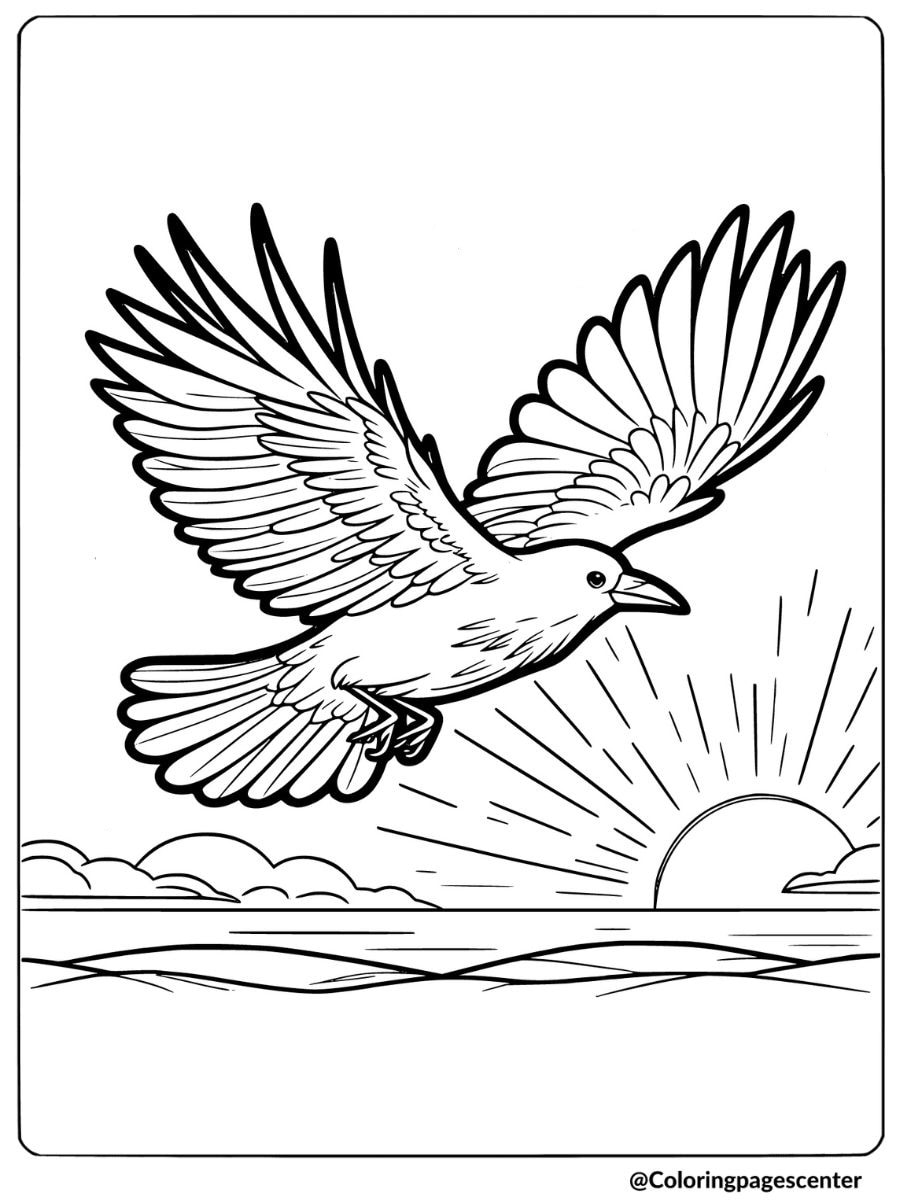 A crow soaring over a sunset horizon coloring page