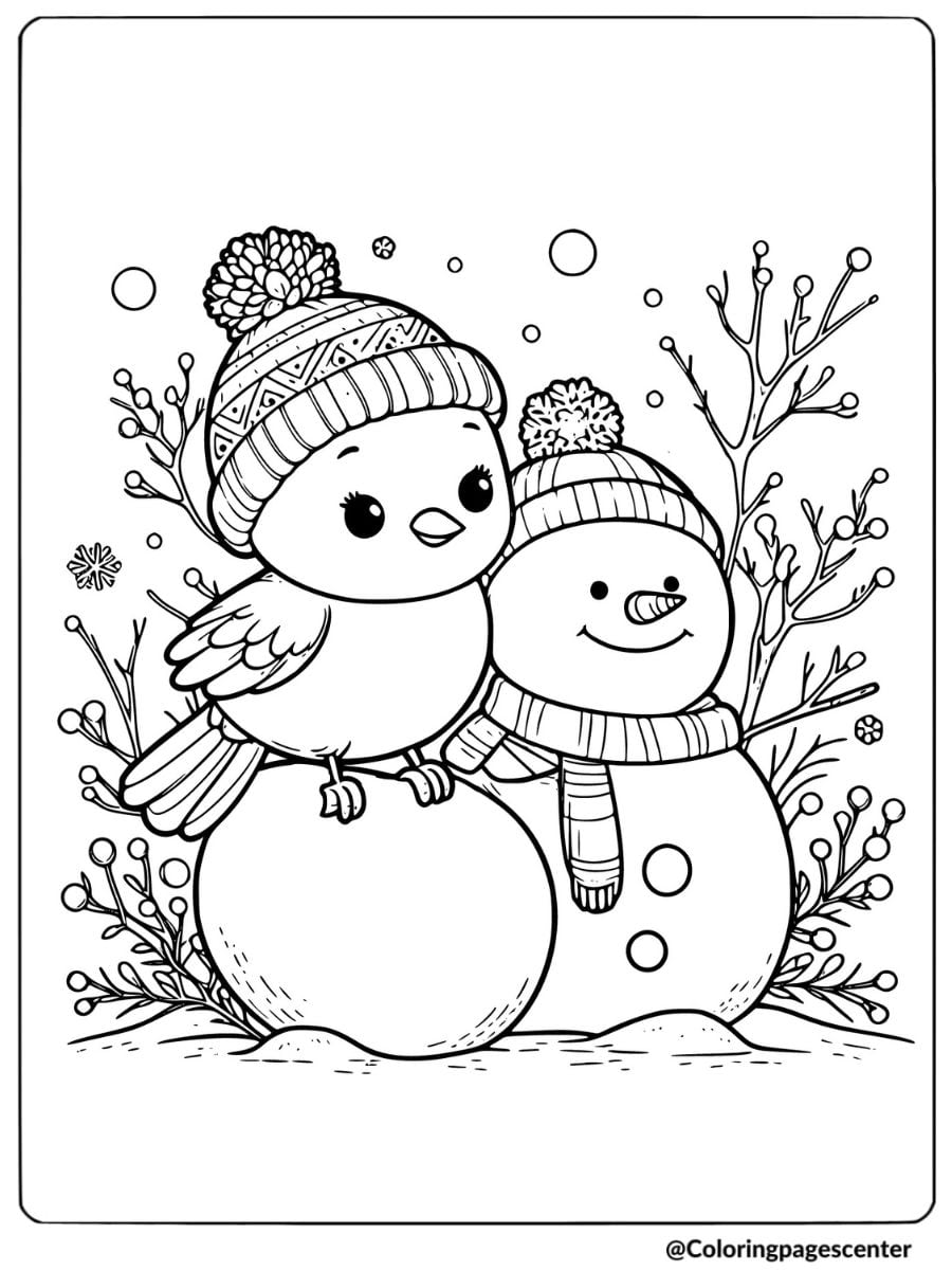 Coloring page of a cute bird with a snowman