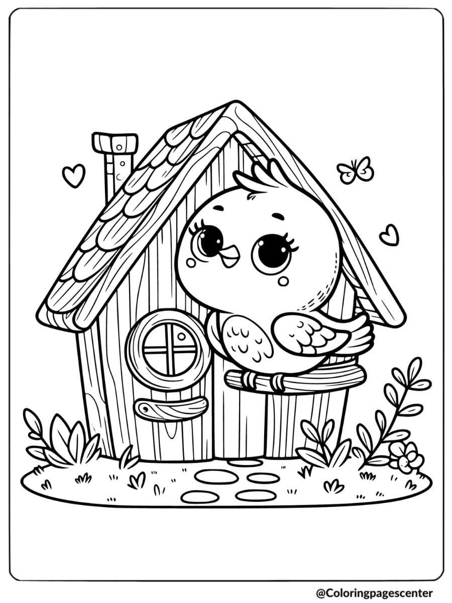 Coloring page of a cute bird sitting at a birdhouse